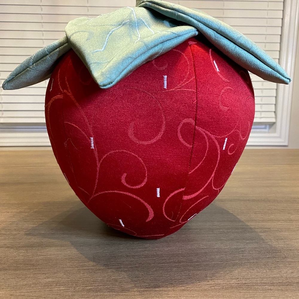 Decorative red & green fabric strawberry pillow. Handmade.